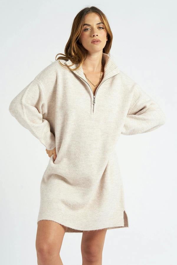 Urban Bliss Oatmeal Plain Oversized Half Zip Dress