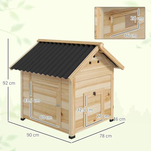 Natural wood duck house with double doors, slanted roof, and shown size dimensions
