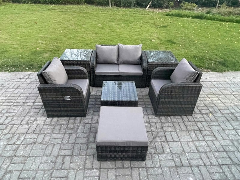 Fimous Rattan Garden Furniture Set Patio Conservatory Indoor Outdoor 7 Piece Set with Love Sofa Square Coffee Table 2 Side Tables Big Footstool