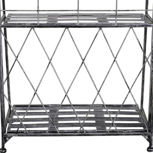 Silver metal 3-tier plant stand close-up of diamond trellis side frame and slatted shelves