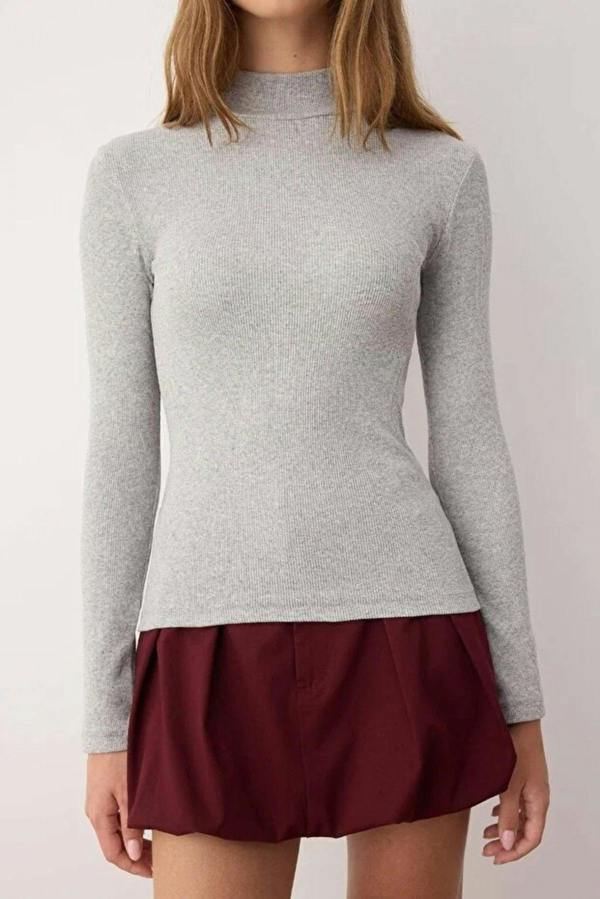 WOVCOR Fitted Stand Collar Long Sleeve Ribbed Knit Blouse