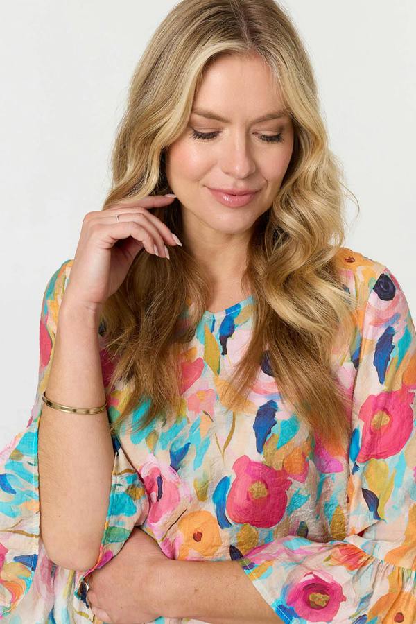 Pink | Abstract Floral 3/4 Flared Sleeve Blouse