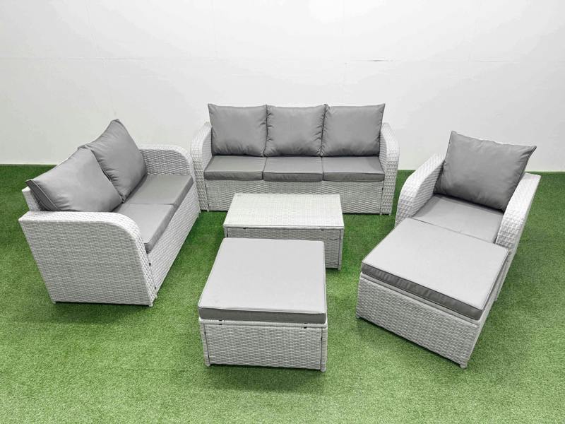 Fimous 8 Seater Wicker Patio Set, PE Rattan, Coffee Table, Reclining Chair, Loveseat, 3 Seater Sofa and 2 Big Footstools, Light Grey