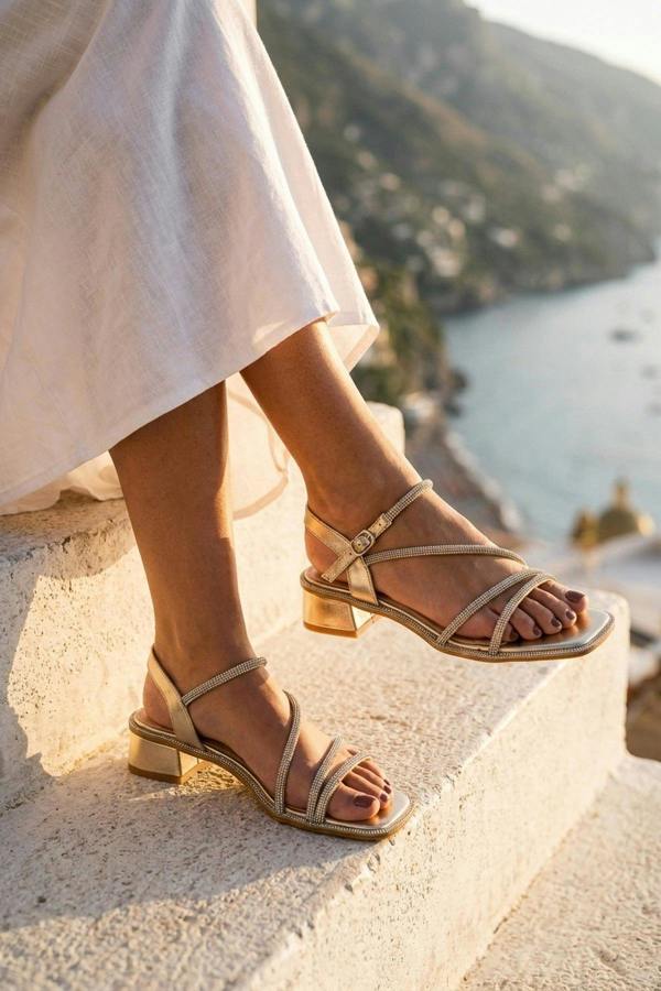 Pearl Rhinestone Embellished Strappy Low Sandals - Gold