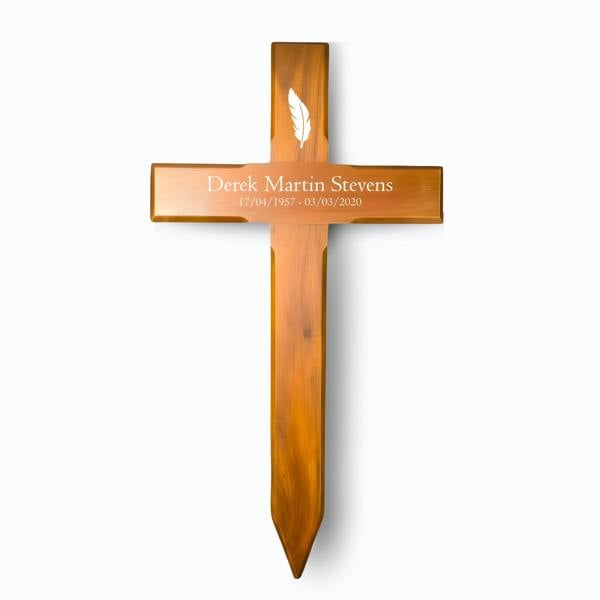 Memorials Direct Personalised Mahogany Memorial Cross, Feather – Durable Wooden Grave Marker for Outdoor Use