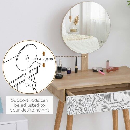 Wyld Haus Zino Oak Wood Botanical Pattern Dressing Table With Adjustable Mirror And Drawer Storage For Bedroom