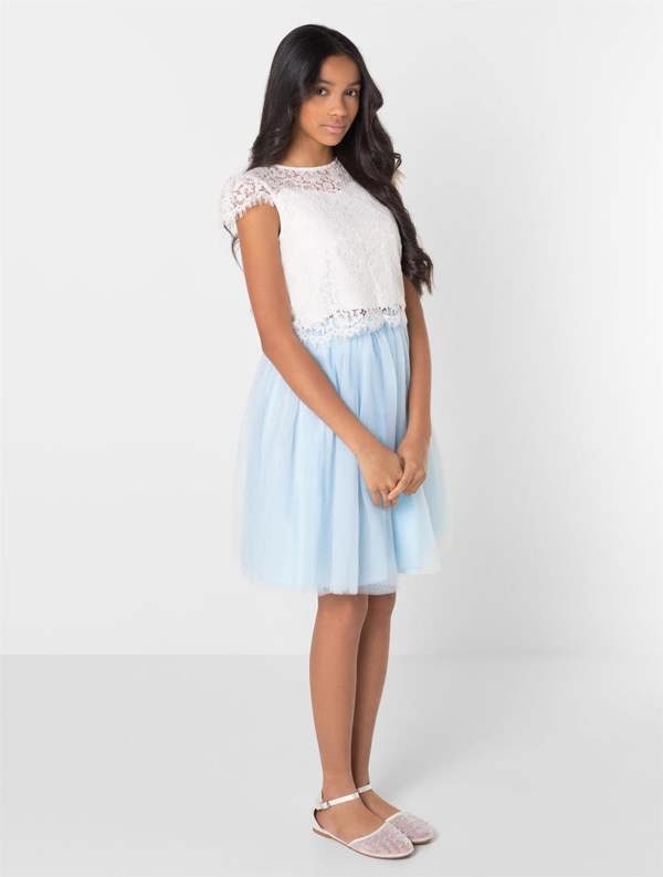 girls white and blue bridesmaid dress