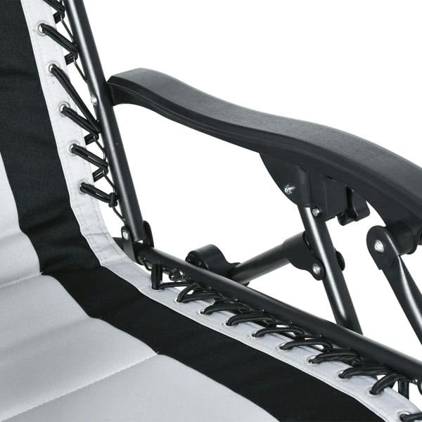Close-up of folding reclining lounger chair with light grey seat cushion and black support bar