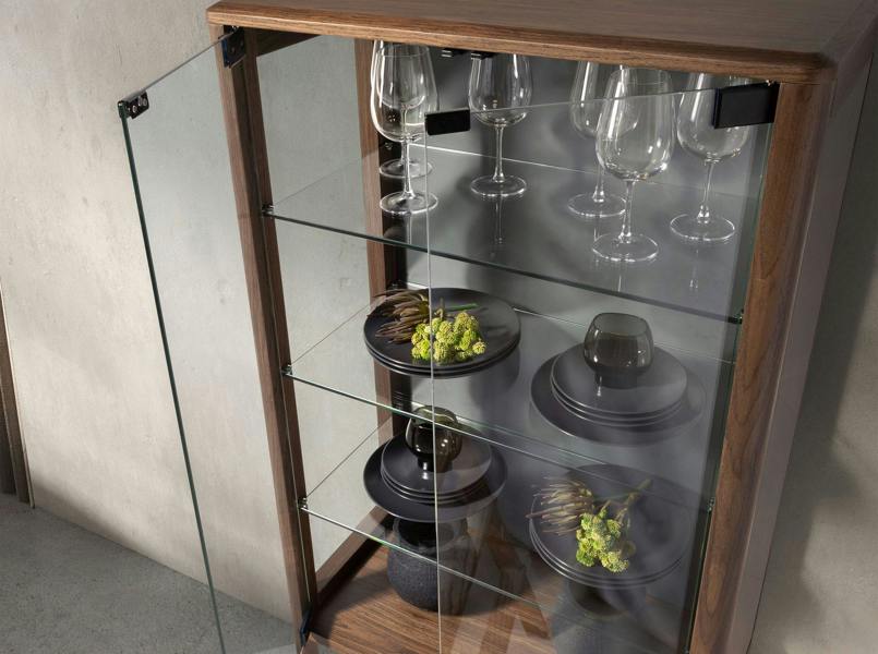 Angel Cerdá Tall sideboard in tempered glass and walnut with interior lighting 3292