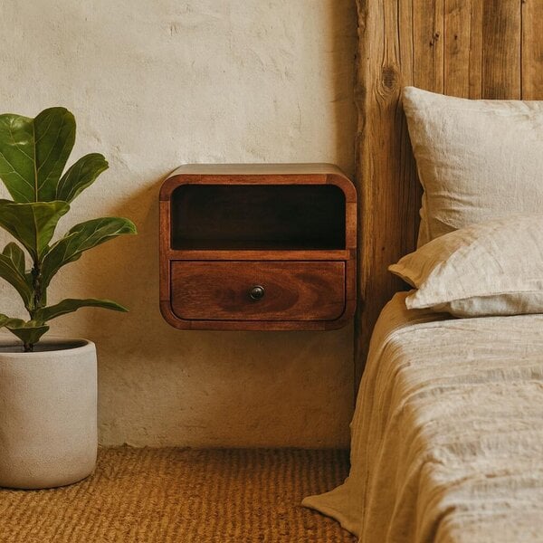 Wyld Haus Cagliari Small Wall Mounted Curved Chestnut Bedside with Shelf
