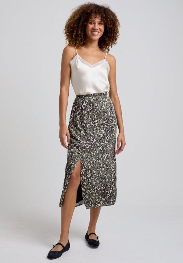 Grace Khaki Cat Midi Skirt in Green