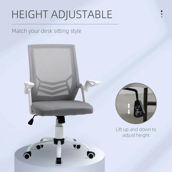Grey mesh mid-back office chair with padded seat, flip-up armrests, adjustable height base