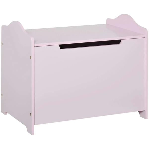 Pink wooden kids toy box with lift-up lid and long front opening handle slot.