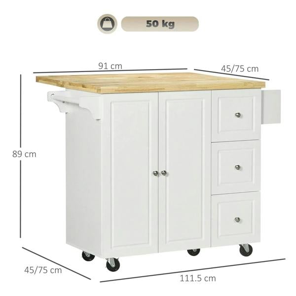 White rolling kitchen island with drop-leaf top, three drawers, and cabinet doors