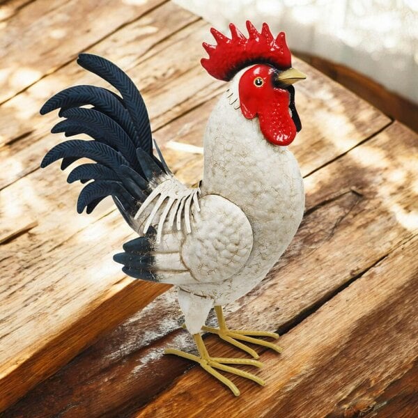 EDH Door Hardware Metal White Cockerel (44cm x 16cm x 36cm) – Handcrafted Rustic Rooster Garden Ornament Farmyard Statue