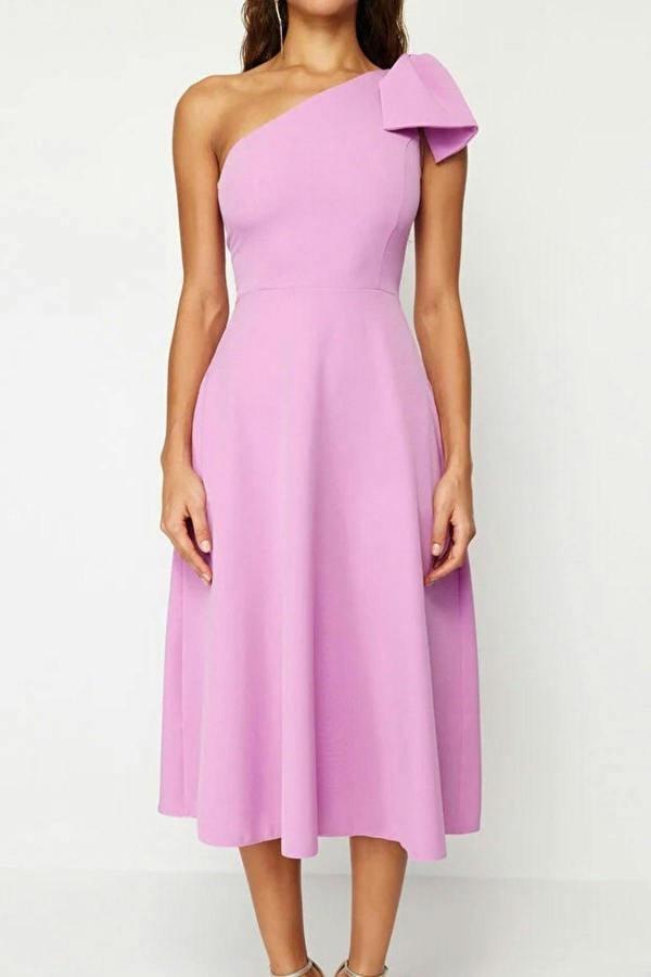 WOVCOR A-Line Elegant Woven Evening Gown with Bow Detail