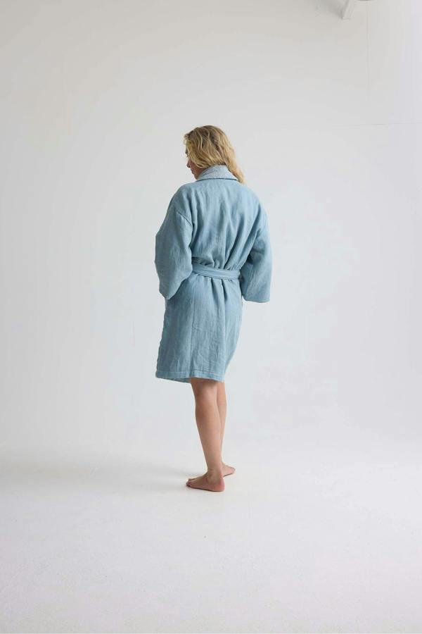 Pretty You London Short Terry Lined Linen Robe In Blue Haze