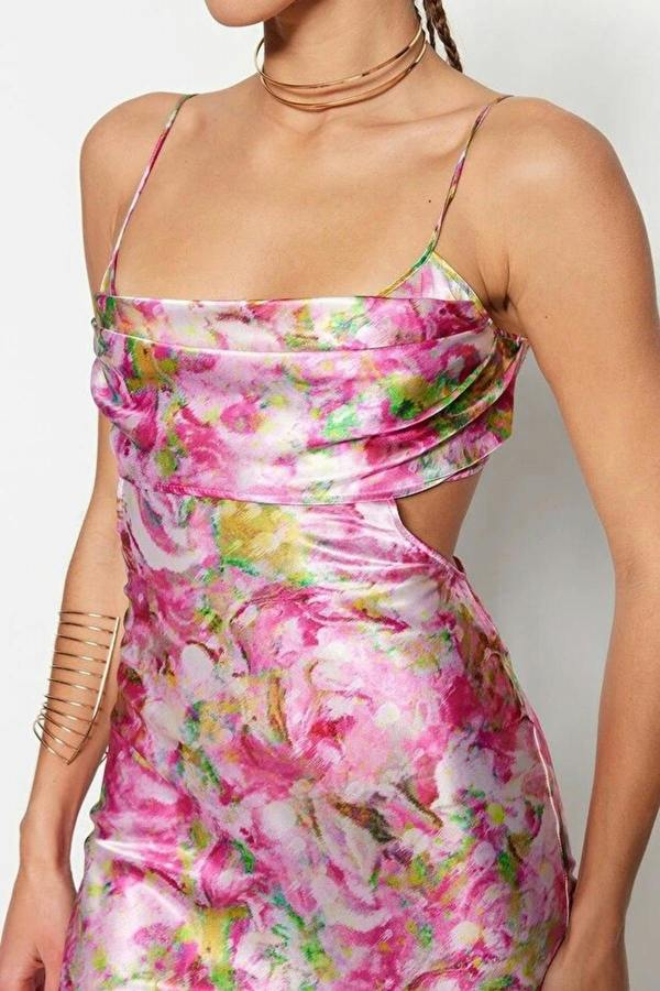 WOVCOR Floral Waist Detail Satin Midi Dress