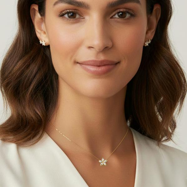 Woman wearing a necklace with a white background