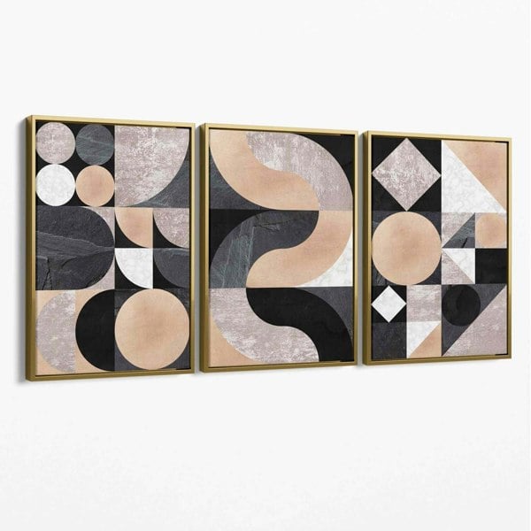 Set of 3 Black and Beige Mid Century Canvas Art Prints with Gold Float Frame
