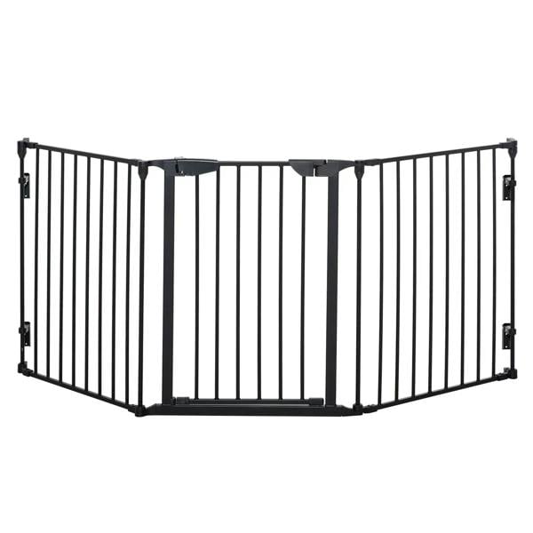 Black metal pet safety gate with three folding panels and vertical bars