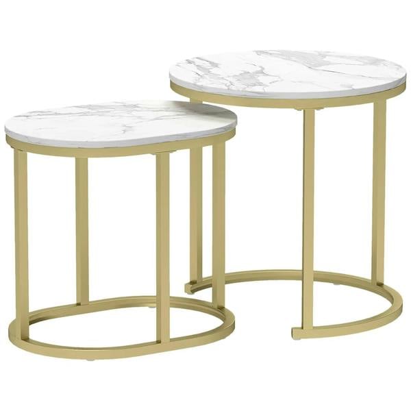 Marble-effect nest of tables with white round tops and gold-tone metal frames