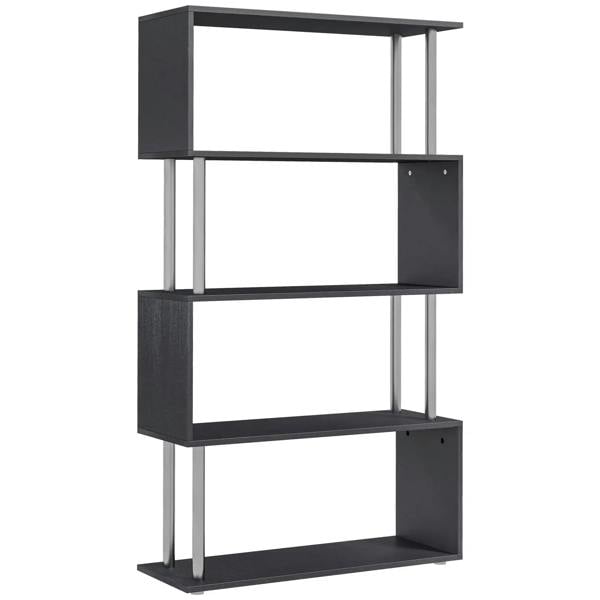 Black S-shaped 5-tier bookcase with open shelves and metal frame, freestanding storage.