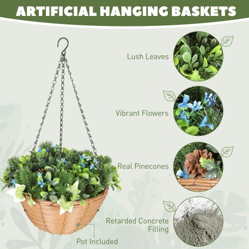 Wyld Haus Kabane Set Of 2 Hanging Artificial Lisianthus Floral Baskets With Pinecone Detail Green
