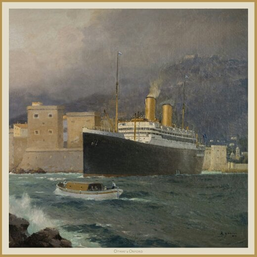 Otway & Orford 'Into the Storm' ocean liner silk pocket square in green, gold, off-white & black (42 x 42cm)