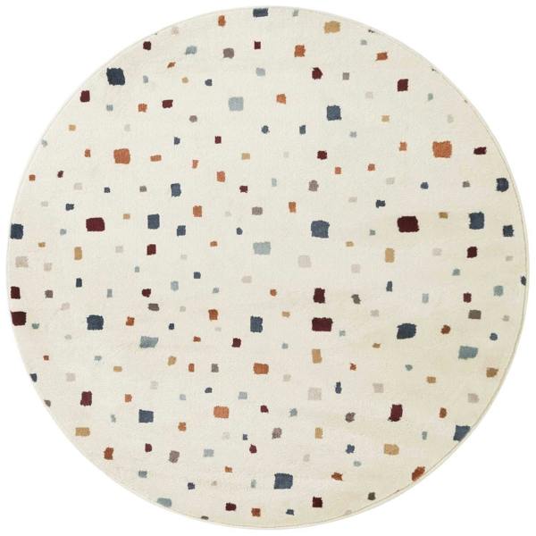 Round rug with a multicolored square pattern on a white background
