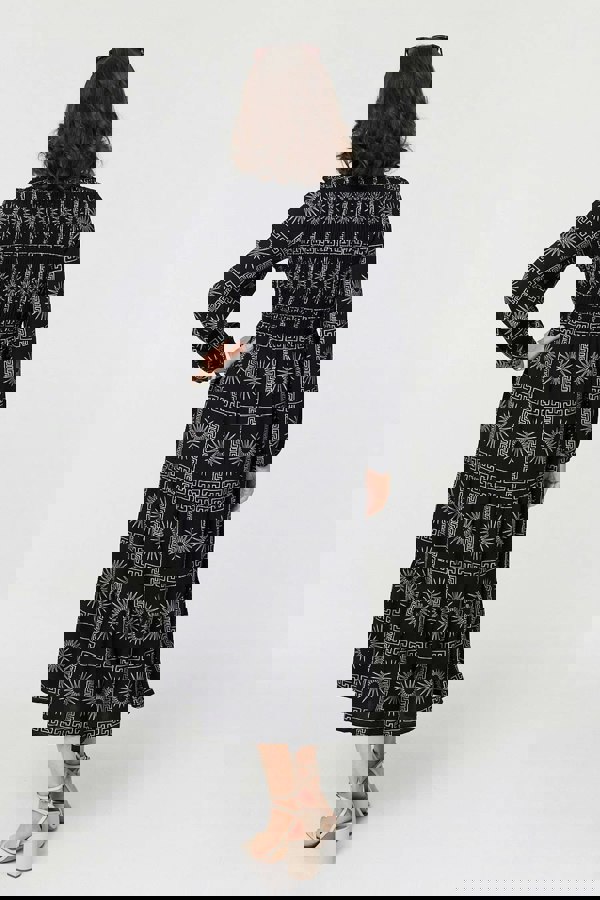 Black | Printed Long Sleeve Tie Waist Midi Dress
