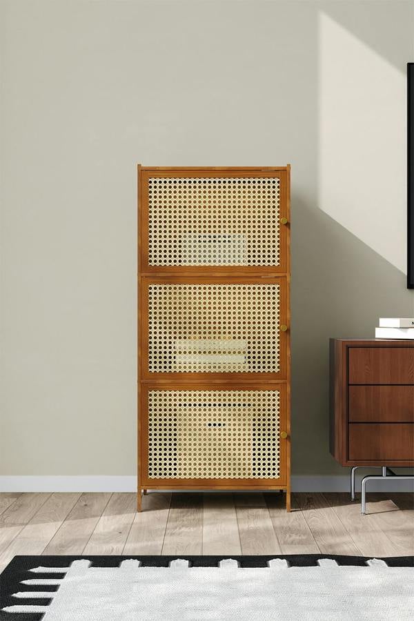 Living and Home 3-Tier Bamboo Bookcase Bookshelf Storage Rack with Doors
