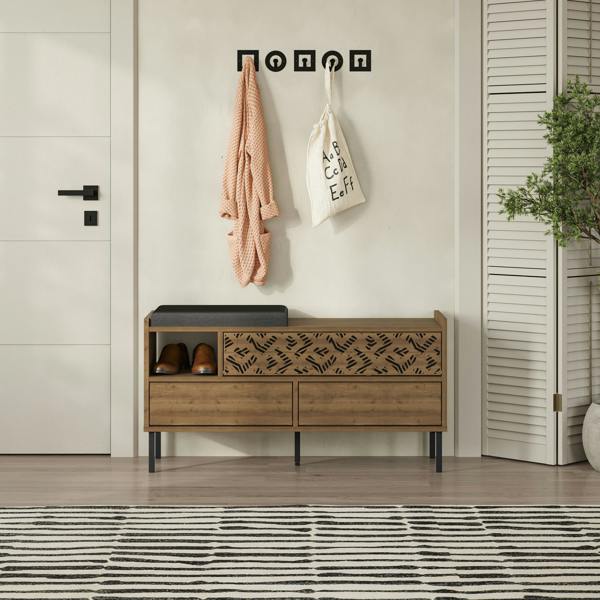 Decortie Heaton Shoe Bench w/ Fabric Cushion Seat 3-door Storage Cabinet 111(W)x37(D)x56.5(H)cm Metal Legs Hallway