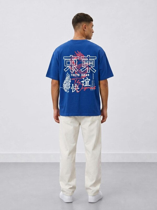 London Attitude Tokyo Dragon Oversized Heavyweight Cotton T-Shirt - Royal Blue