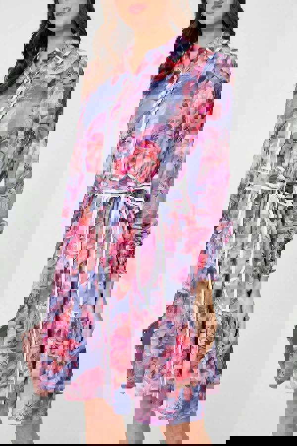 Purple | Floral Tiered Knee Length Shirt Dress