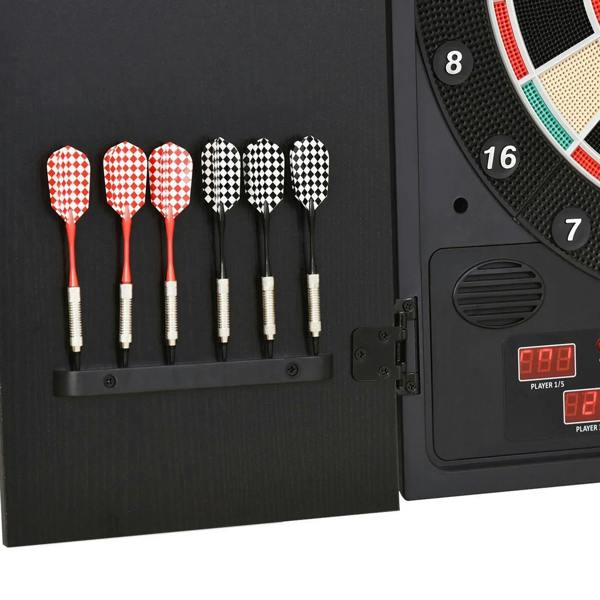 Black dartboard cabinet with six darts in storage slots, with tips facing outward