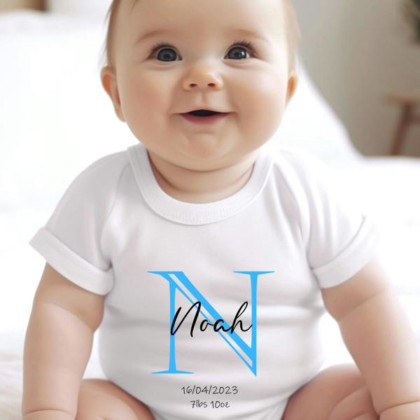 Personalised Blue Initial Baby Grow, Vest or Bib with Name