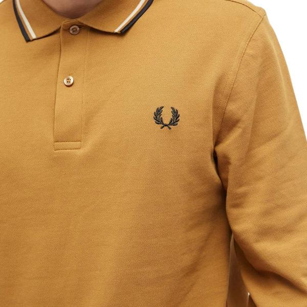Fred Perry Black Twin Tipped Collar Dark Caramel Long Sleeve Polo Shirt XS