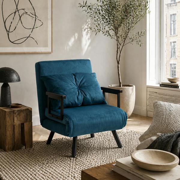 Wyld Haus Mofa Nare Velvet Navy Blue 4 In One Convertible Single Chair Bed With Pillow