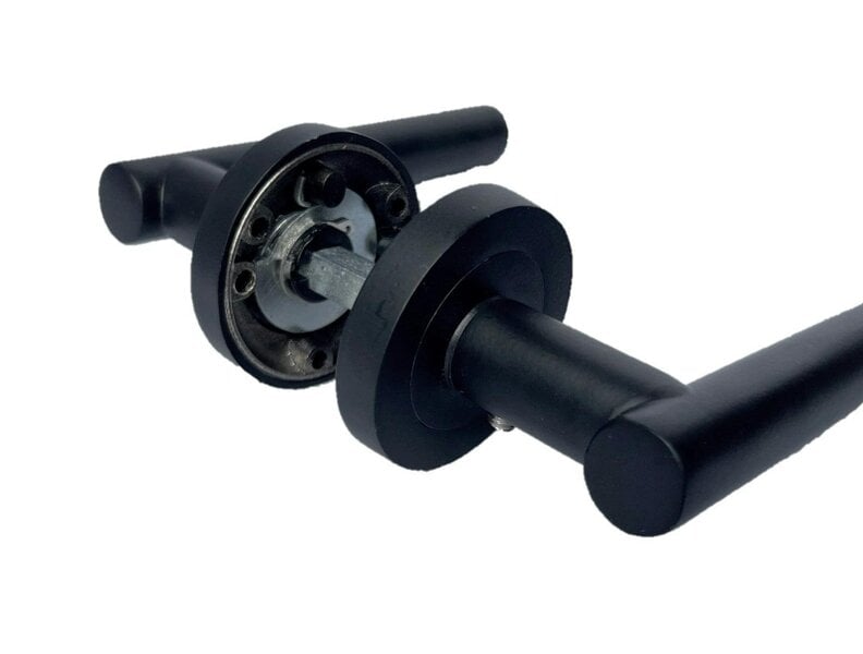 EDH Door Hardware Matt Black T Bar Door Handles on Round Rose – Straight Lever Handle