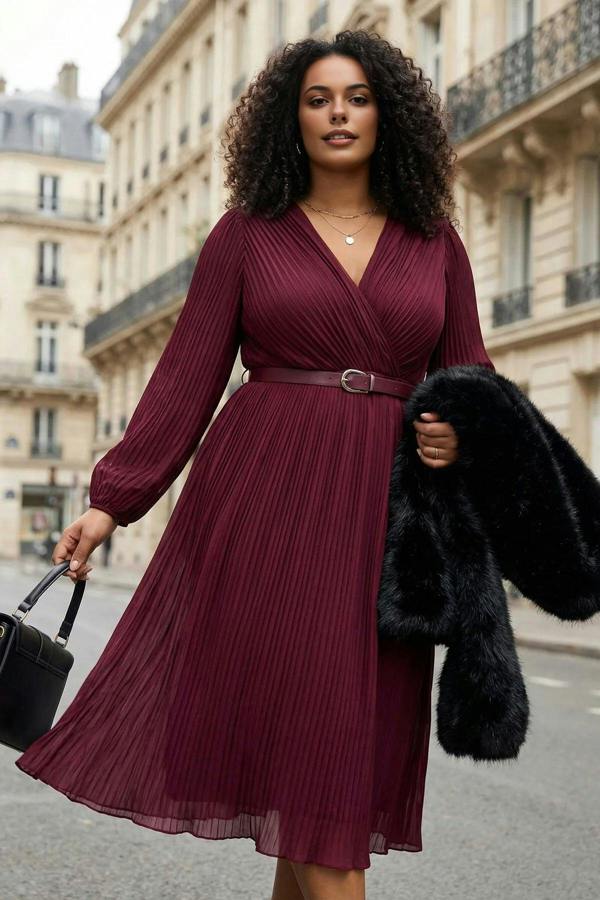 WOVCOR Pleated Belted Midi Woven Plus Size Dress