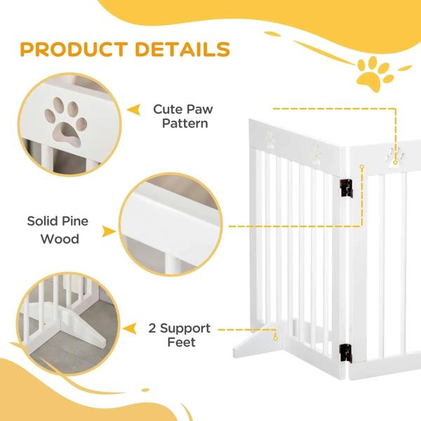 White pet gate with solid pine wood look, paw-print pattern, and two support feet