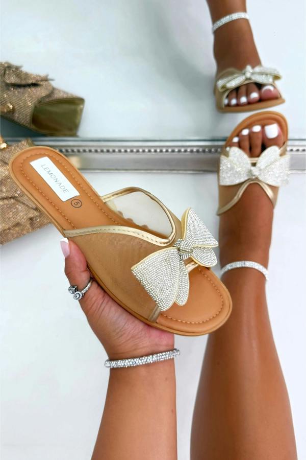 Love Lemonade Sparkly Love Story Bow Sliders Gold