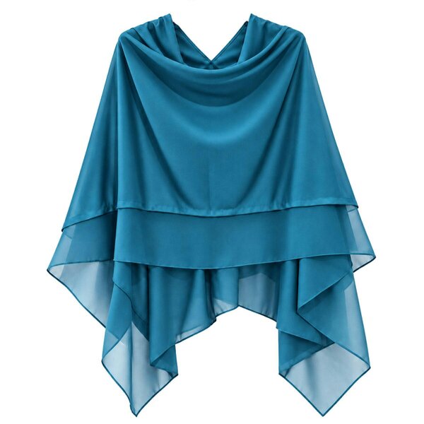 Love EMVY Wool Blend Poncho Shawl Wrap with Contrast Chiffon Border - Tiffany Blue
