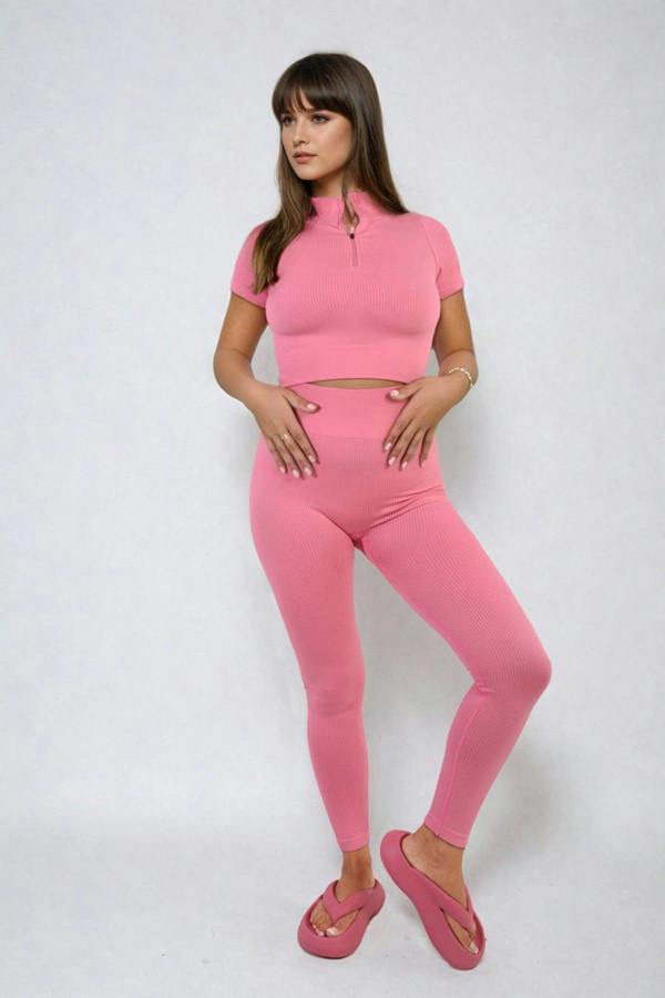 Ayah Ribbed Half Zip Crop Top And High Waist Leggings Co-ord Set - Pink