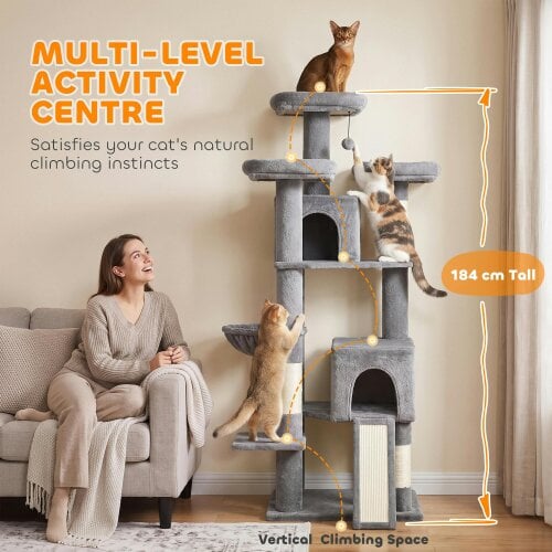 PawHut 184cm Large Cat Tree, Multi-Level Tall Kitty Tower, Dark Grey