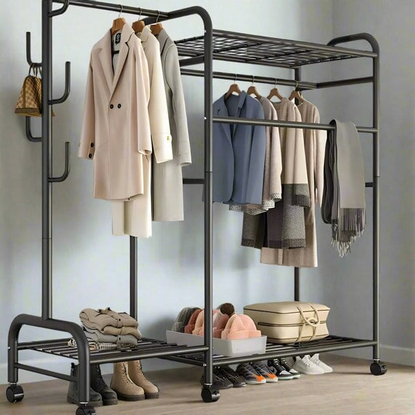 Modcraft Heavy Duty Double Clothes Rail Rack with Wheels & Storage Shelves
