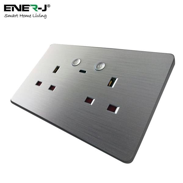 Angled view of ENER-J smart WiFi double wall socket with USB-A and Type-C ports in brushed silver finish