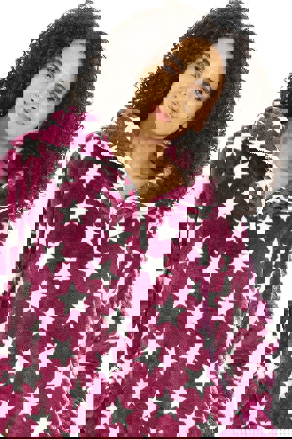 Camille Womens Supersoft Fleece Burgundy Star Print Pyjama Set