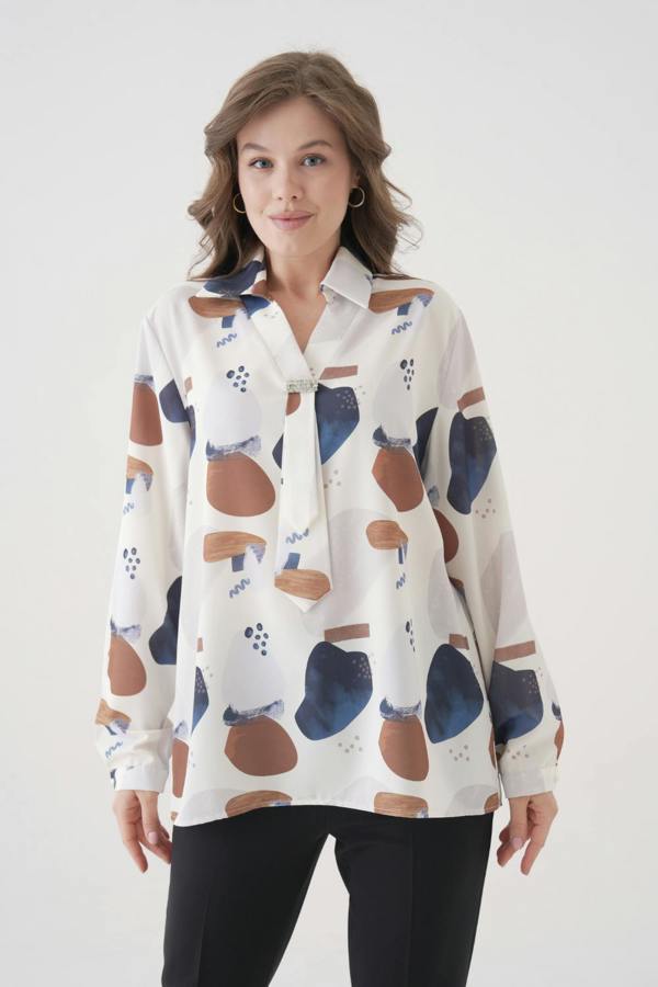 Hoxton Gal Oversized V-Neck Long Sleeves Brooch and Print Detail Blouse
